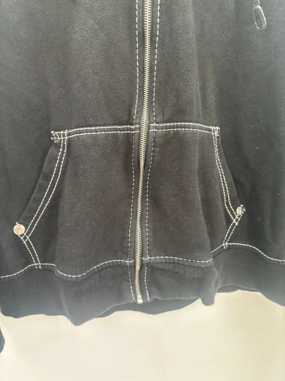 True Religion Big T Black Zip-Up Hoodie with White Contrast Stitching